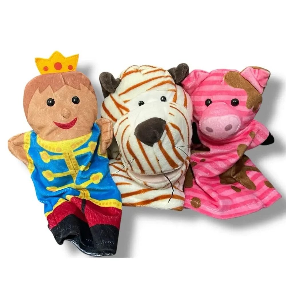 Melissa & Doug Hand Puppets Prince Cow Tiger Plush Pretend Play Drama Set Lot 3